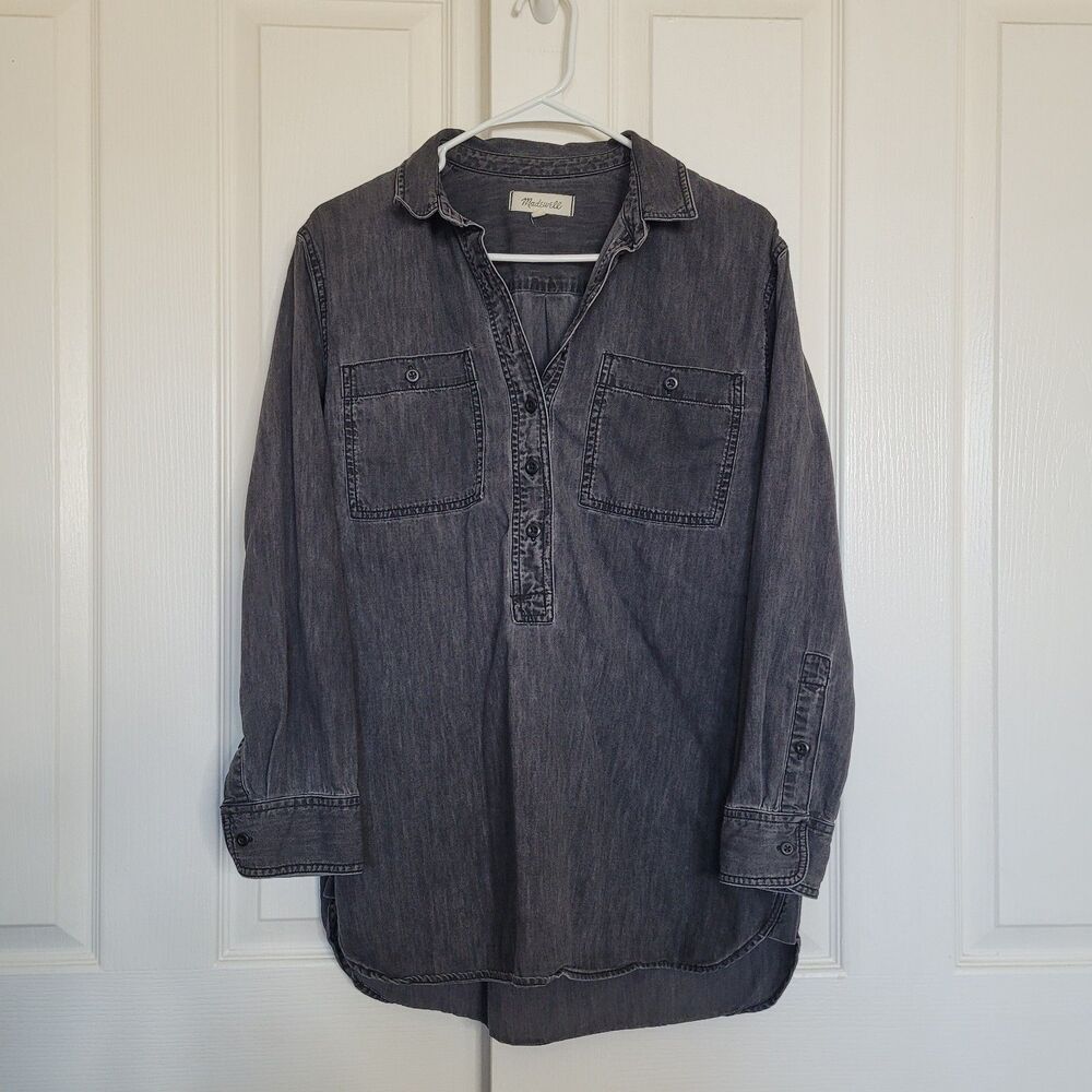 Madewell Denim Popover Top Size Medium Black Henley Tunic Pockets Minimalist